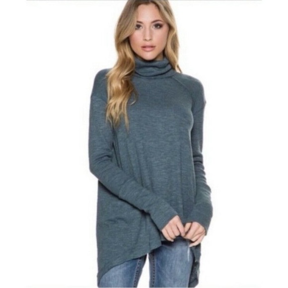 We The Free Muted Blue Split Back Turtleneck Long Sleeve Textured Top Size Small - Picture 2 of 12